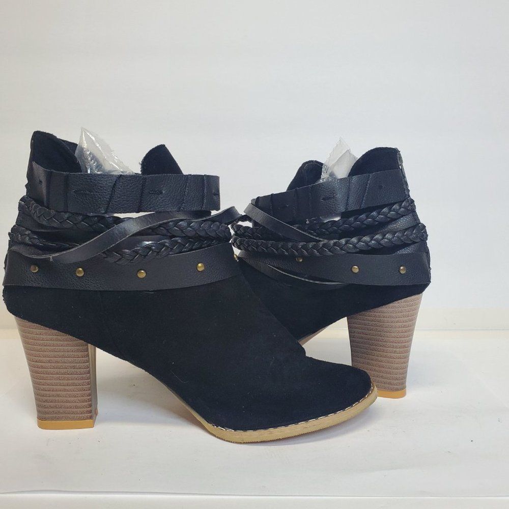 Heli Black Buckle-Strap Bootie Women's Faux Leather Block Heel US 8 - Picture 2 of 6